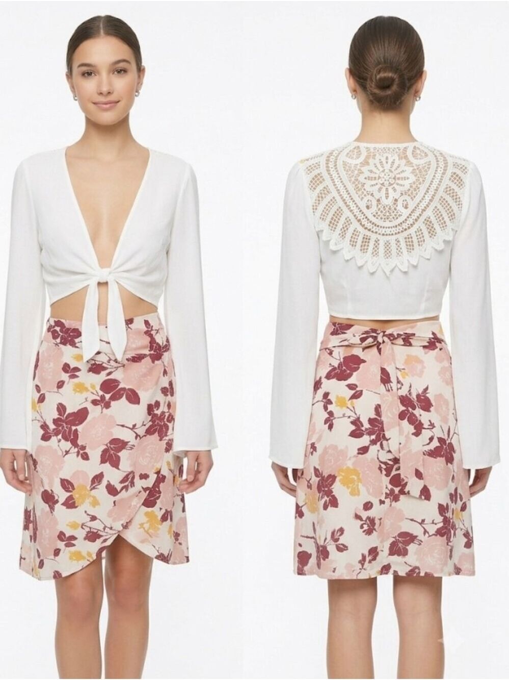 Forever 21 Cream Crochet Tie Front Long Sleeve Crop Top Small